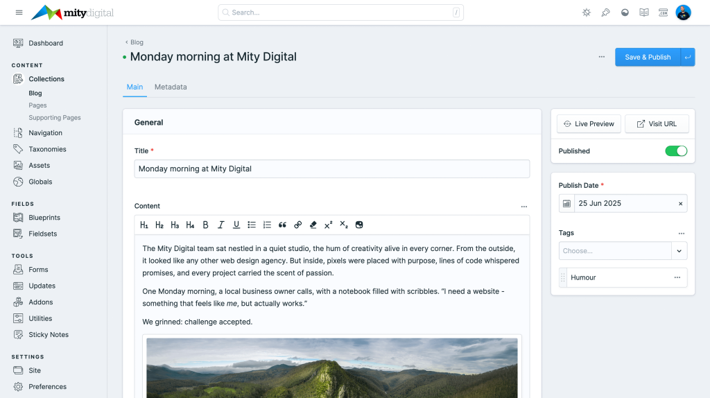 Editing a page in the Statamic content management system. User friendly and intuitive content management.