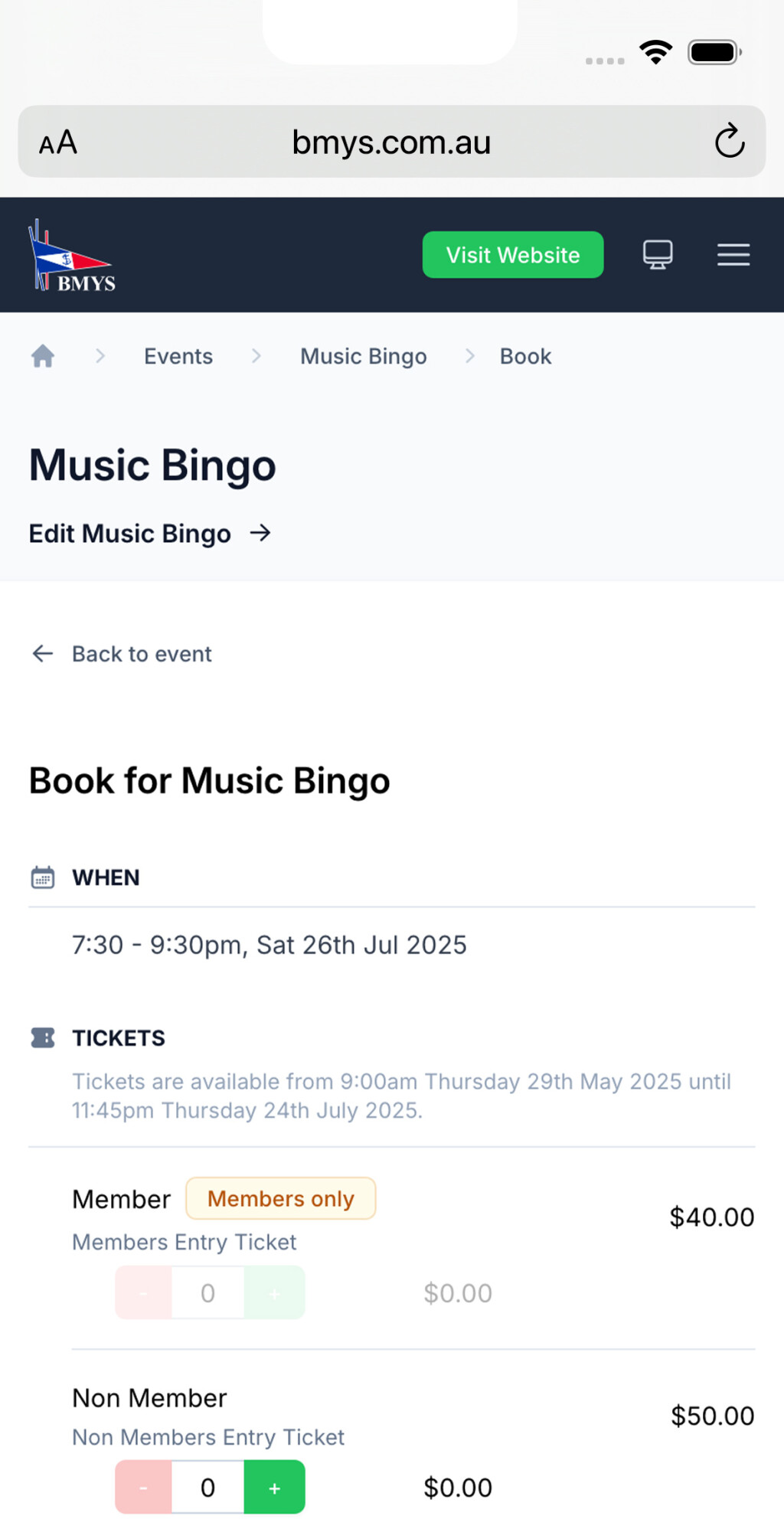 Screenshot of the Beaumaris Motor Yacht Squadron booking view on mobile