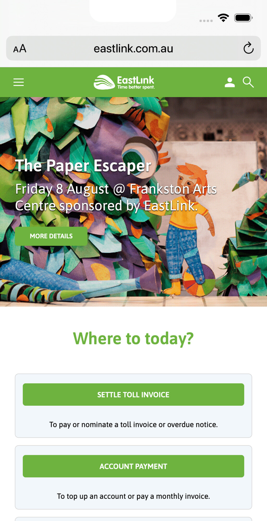 Screenshot of the mobile variant of the Eastlink site
