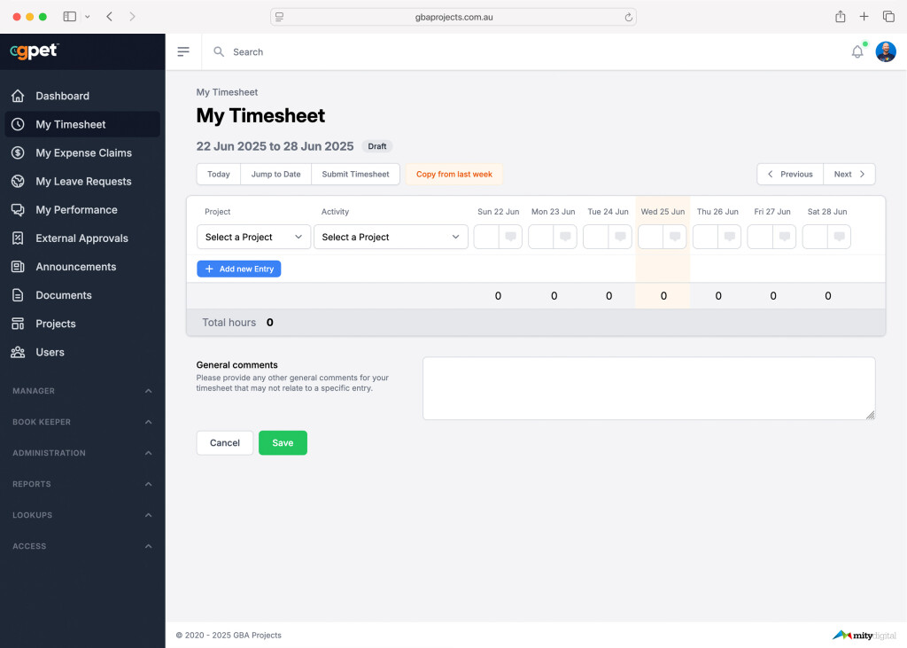 Screenshot of the timesheet entry view in the GPET platform for GBA Projects