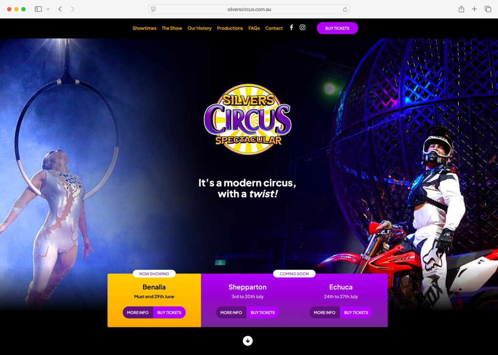 Screenshot of the desktop variant of the Silvers Circus site