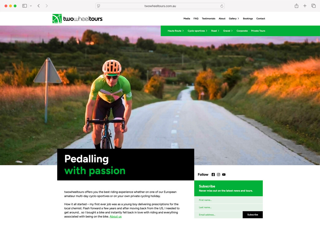 Screenshot of the desktop variant of the Two Wheel Tours site