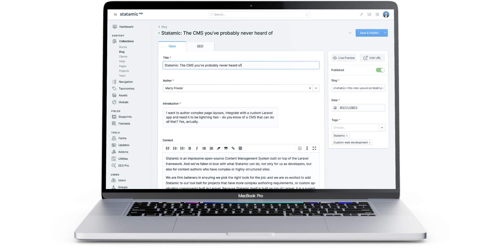Authoring a blog post in Statamic Pro